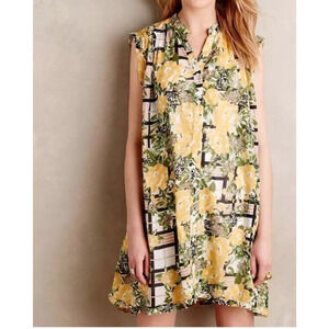 Anthropologie Dress Women's Medium Porridge Arboretum Floral Yellow Sleeveless